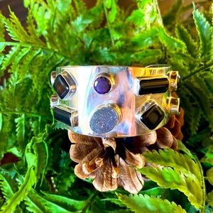 Exquisite Sterling Amethyst/Obsidian Crystal/Tourmaline/pave diamond Cuff